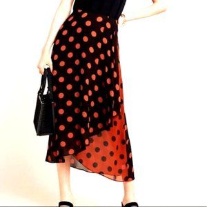 Maeve Anthropologie Oksana Midi Skirt Black Rust/Orange Polka Dots